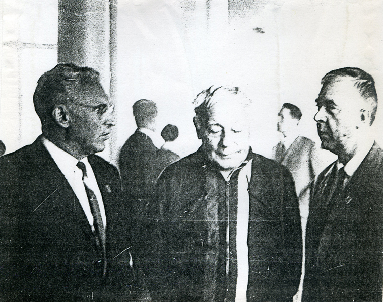 A.V. Pogorelov's teachers: A.D. Aleksandrov, B.N. Delone and N.V. Efimov (1967)